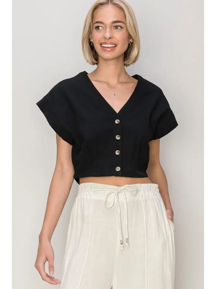 V-Neck Button Front Crop Top